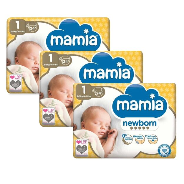 Mamia New-Born Dydis 1 (2-5 kg) - 72 (3x24) vnt 